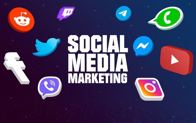 Social media marketing strategy concept showing Facebook, Instagram, LinkedIn, YouTube, and TikTok icons with digital marketing elements.