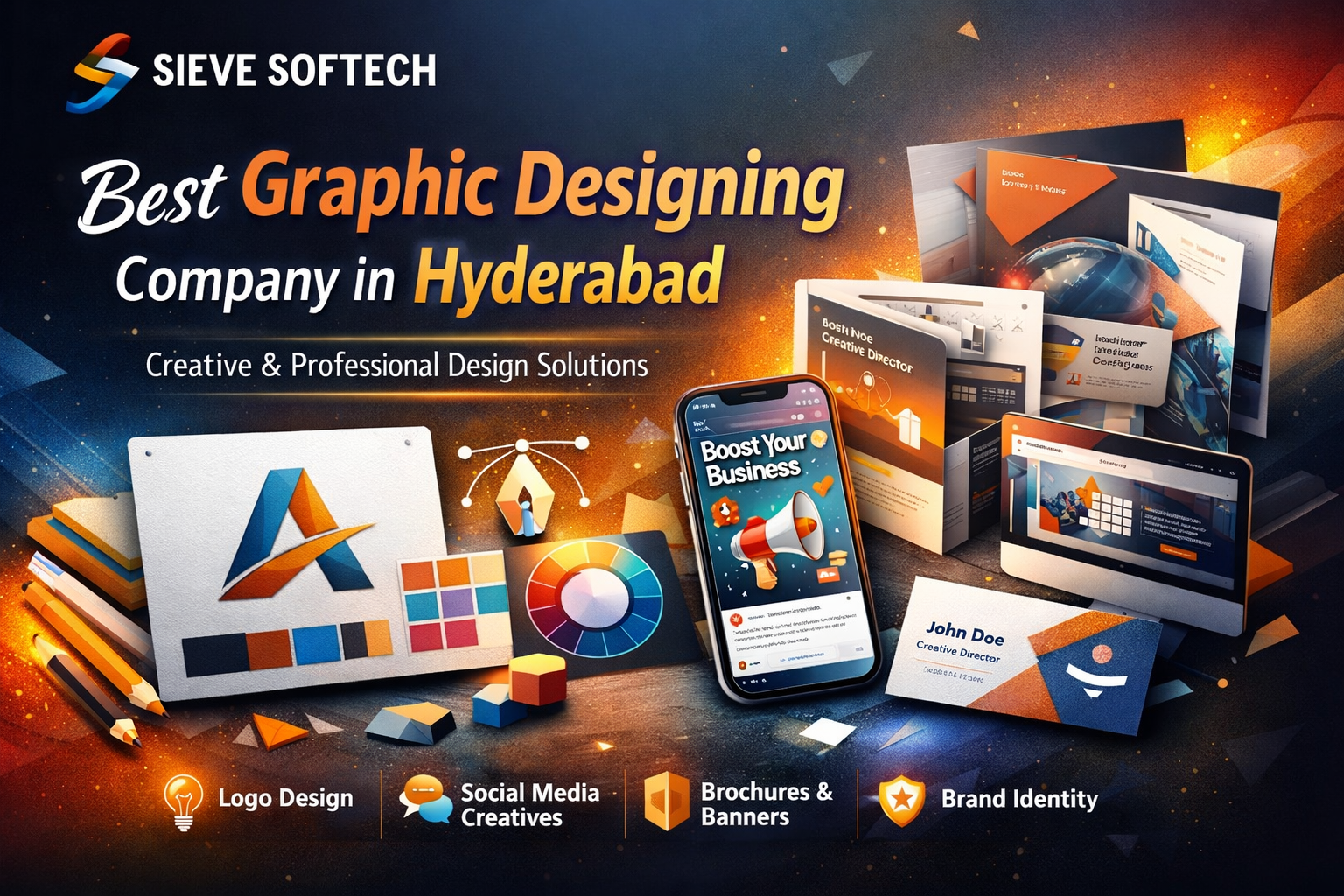 Creative graphic design services by Sieve Softech showcasing modern branding and digital marketing visuals.