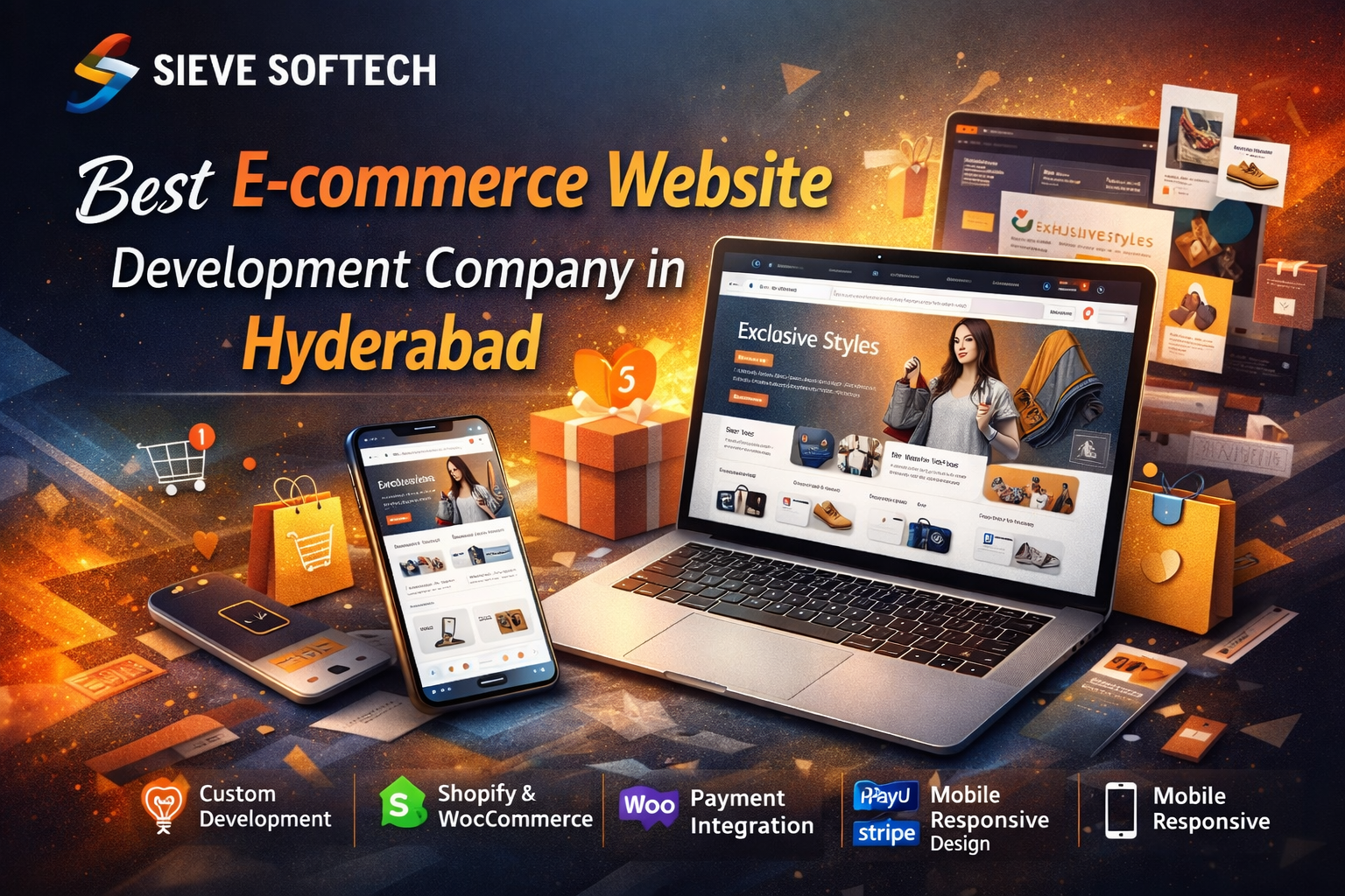 Professional e-commerce website development services by Sieve Softech showing modern online store design and shopping features