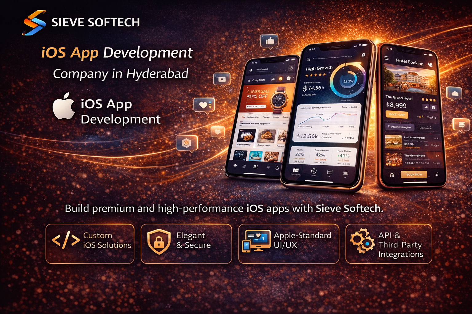 Custom iOS app development services by Sieve Softech showing iPhone app interface design and modern mobile application solutions.